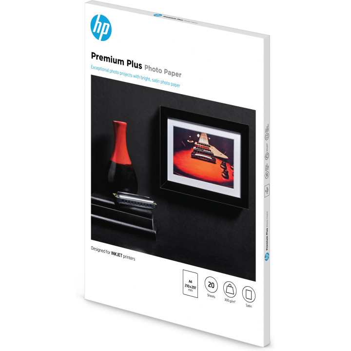 HP Papier photo Premium Plus, finition satinée, 300 g/m2, A4 (210 x 297 mm), 20 feuilles