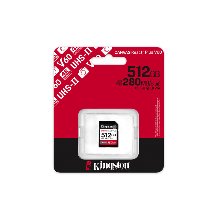 Kingston Technology 512GB Canvas React Plus SDXC UHS-II 280R/150W U3 V60 for Full HD/4K