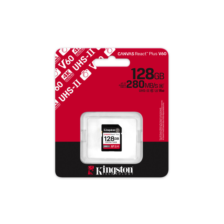 Kingston Technology 128GB Canvas React Plus SDXC UHS-II 280R/100W U3 V60 for Full HD/4K