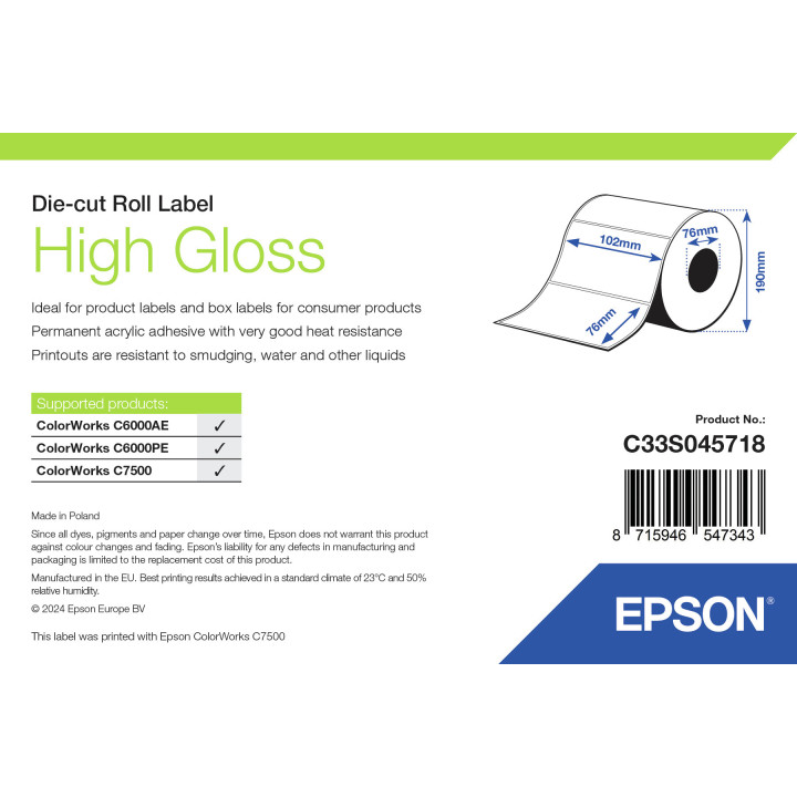 Epson High Gloss Label - Die-cut Roll: 102mm x 76mm, 1570 labels