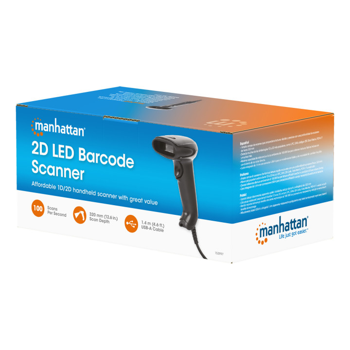 Manhattan Scanner de codes-barres CCD filaire, USB, largeur de lecture 60 mm, câble 152 cm, luminosité ambiante max. 5 000 lu