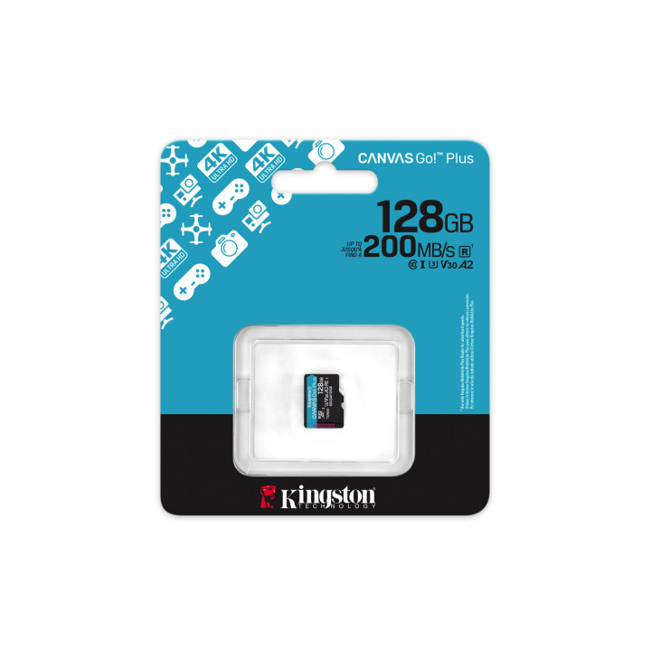 Kingston Technology Carte microSDXC Canvas Go Plus Gen4 200R A2 U3 de 128 Go, pack unique sans ADP