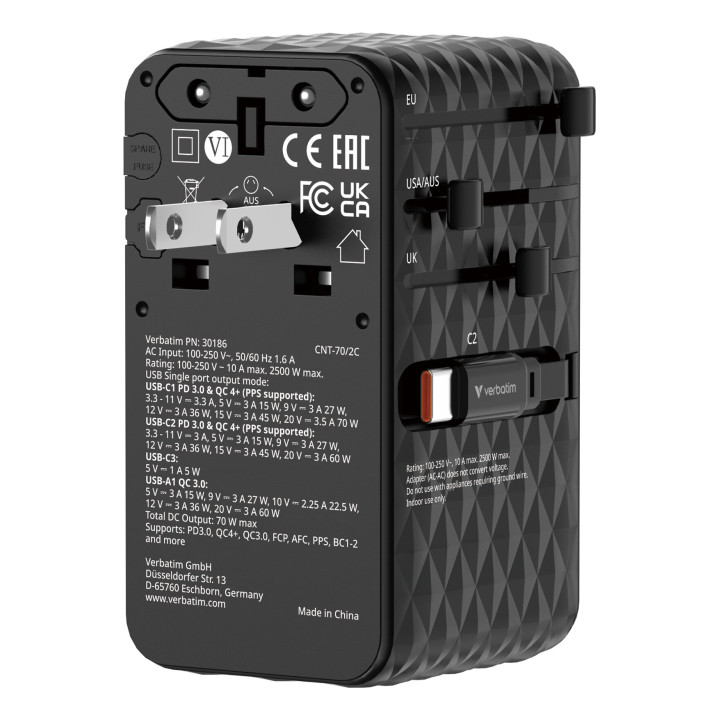Verbatim Charge 'n' Travel 70W Universel Noir Secteur Charge rapide Intérieure