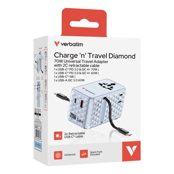 Verbatim Charge 'n' Travel 70W Universel Bleu Secteur Charge rapide Intérieure
