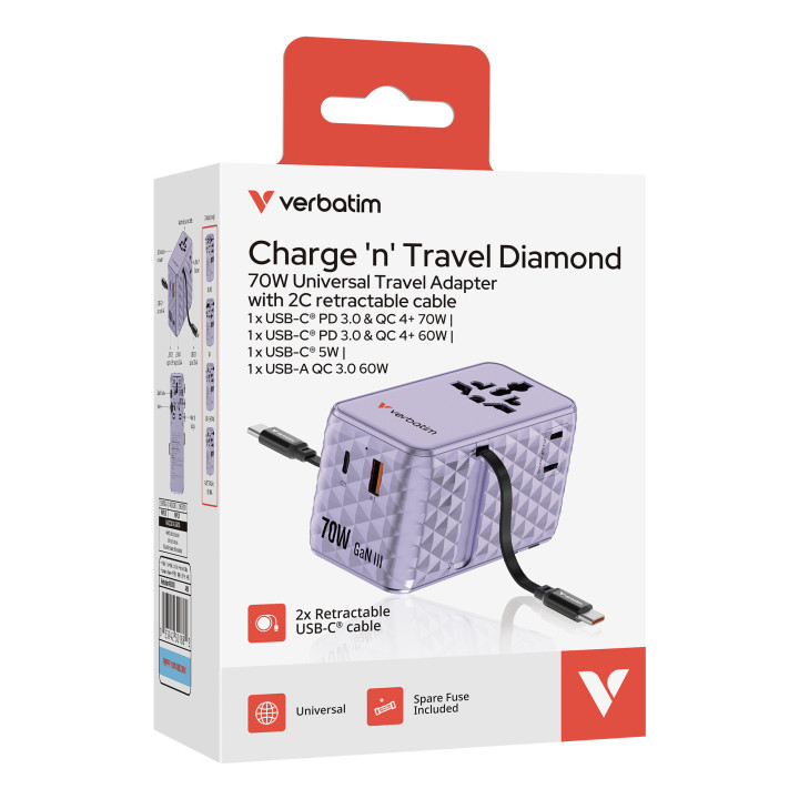 Verbatim Charge 'n' Travel 70W Universel Violet Secteur Charge rapide Intérieure