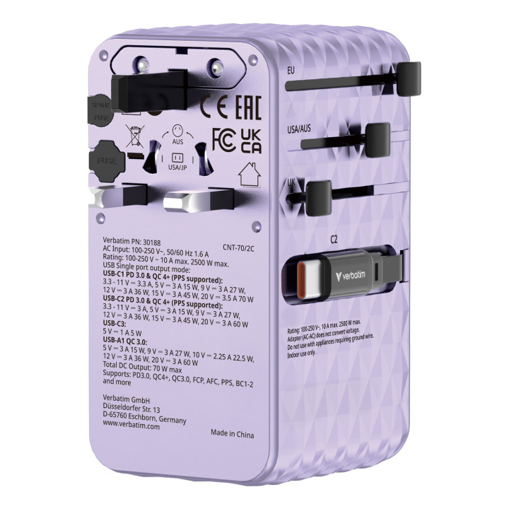 Verbatim Charge 'n' Travel 70W Universel Violet Secteur Charge rapide Intérieure