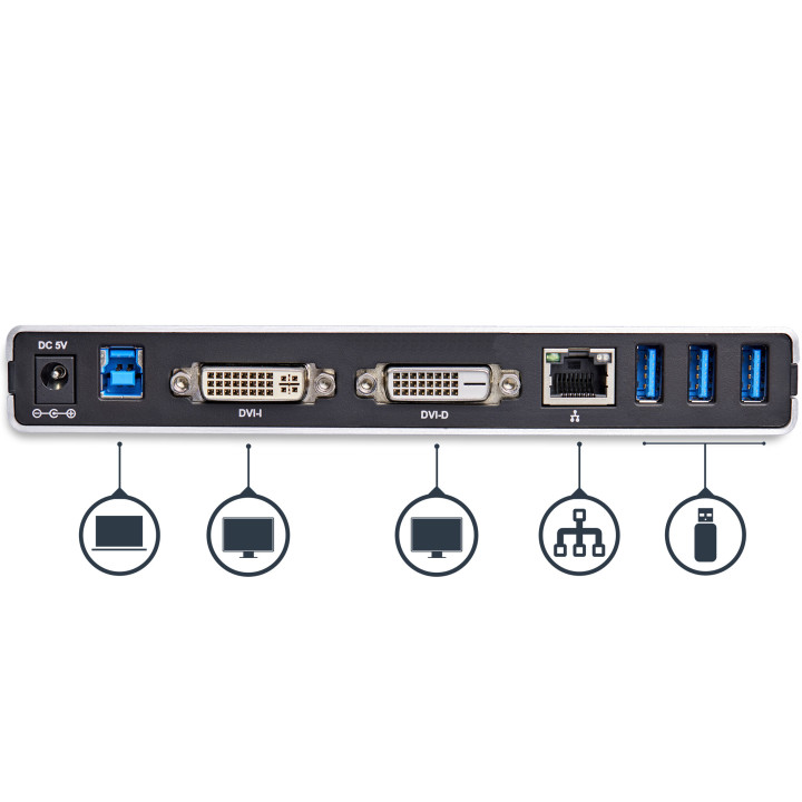 StarTech.com Station d'Accueil USB 3.0 pour Deux Écrans avec Adaptateurs DVI vers VGA et HDMI, 5x USB 3.0 et Audio - Station d