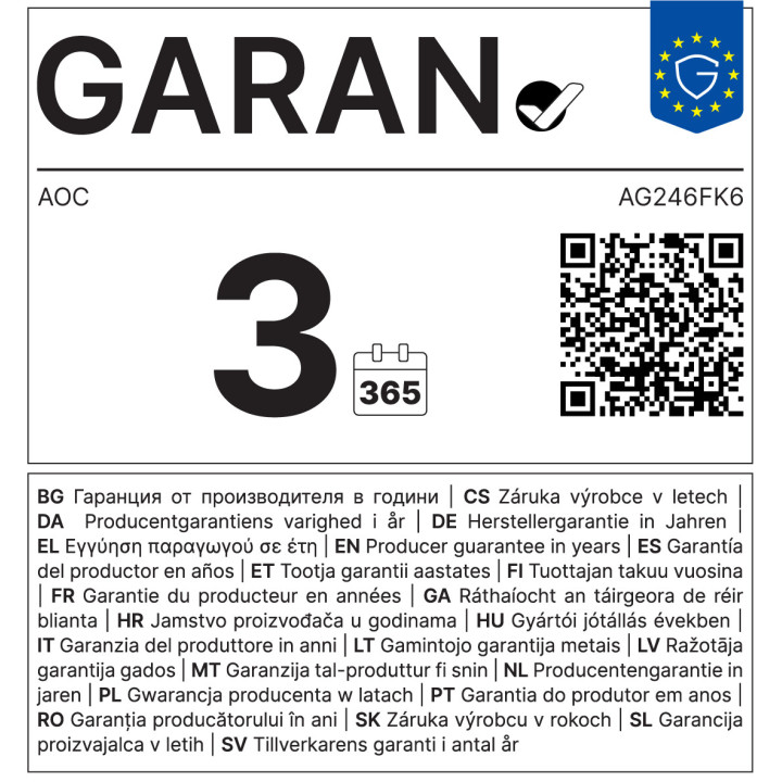AOC G2 AG246FK6 écran plat de PC 61,2 cm (24.1") 1920 x 1080 pixels Full HD LED Noir, Gris