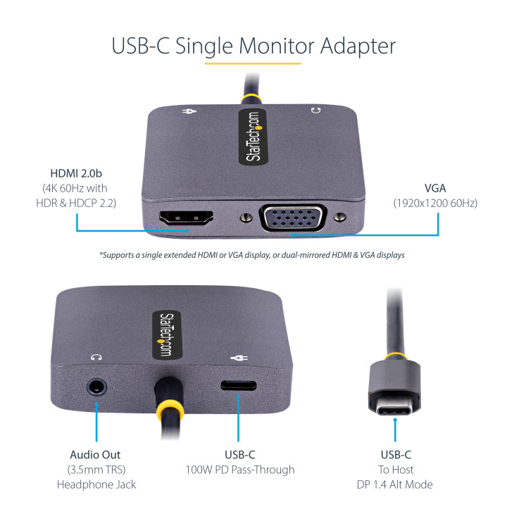 StarTech.com Adaptateur USB C vers HDMI VGA avec Sortie Audio 3,5 - Adaptateur Multiport USB C - Adaptateur USB Type-C, 4K 60Hz