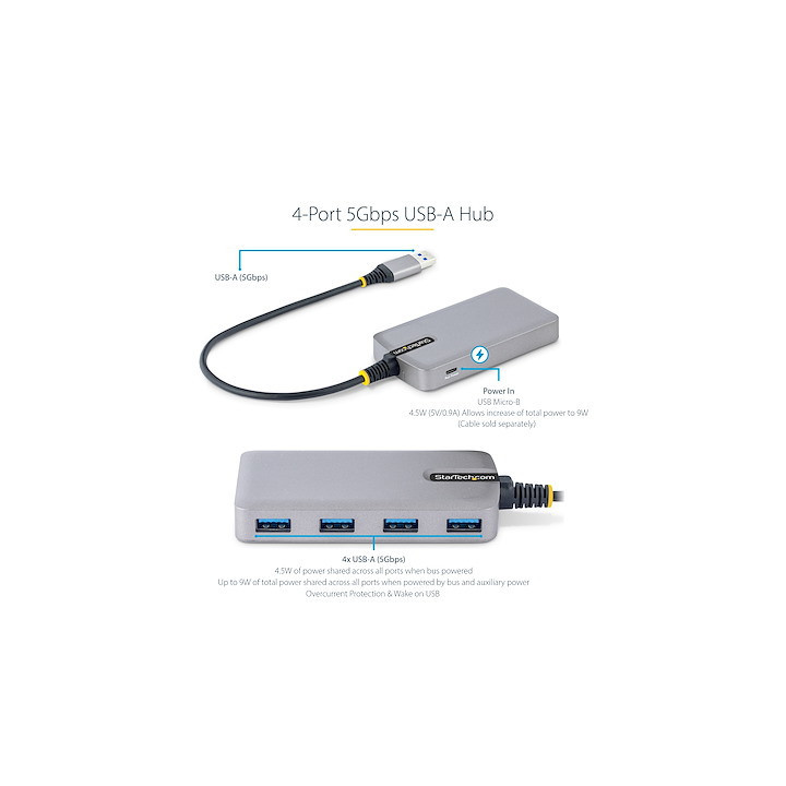 StarTech.com Hub USB 4 Ports - USB 3.0 5Gbps, Alimenté par Bus - Hub USB-A vers 4x USB-A avec entrée d'alimentation auxiliair