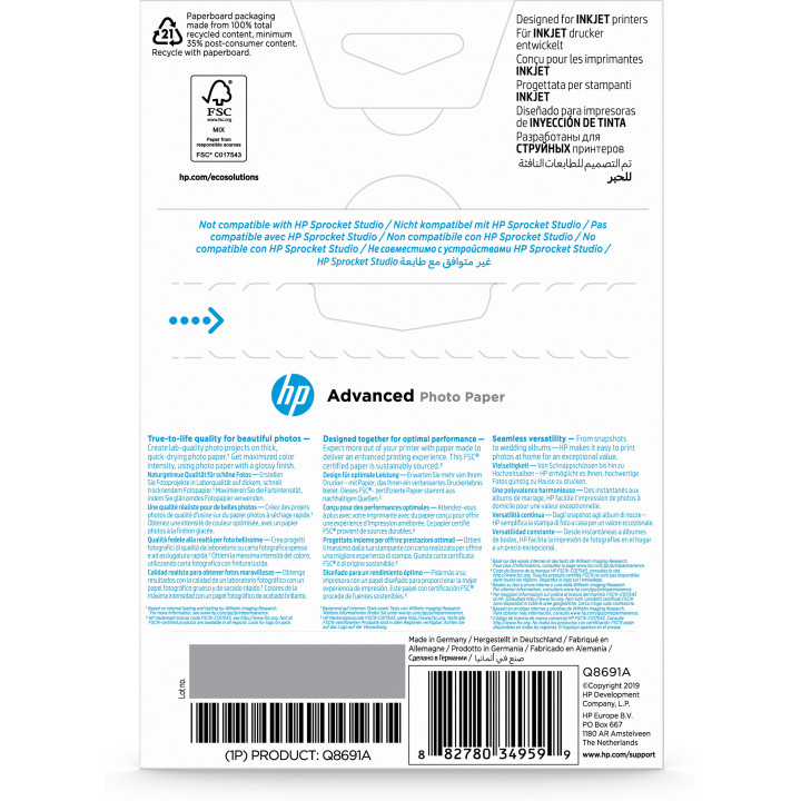 HP Papier photo à finition glacée Advanced, 250 g/m2, 10 x 15 cm (101 x 152 mm), 25 feuilles