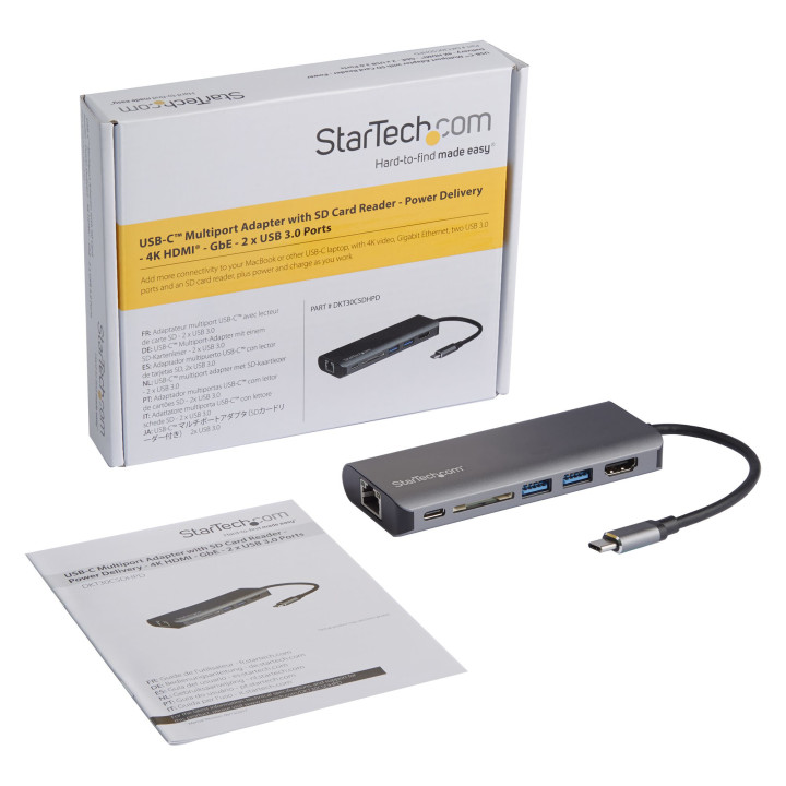 StarTech.com Adaptateur Multiport USB C, Station d'Accueil USB-C Portable vers HDMI 4K, Hub USB 3.0 2 pts, SD/SDHC, GbE, 60W PD