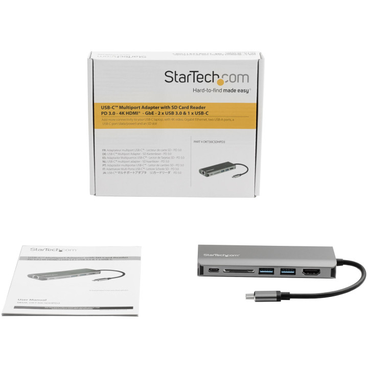 StarTech.com Adaptateur Multiport USB-C - Mini Dock USB-C avec HDMI 4K, 3x USB 3.0 Hub, SD/SDHC, GbE, 60W PD 3.0 Pass-Through -