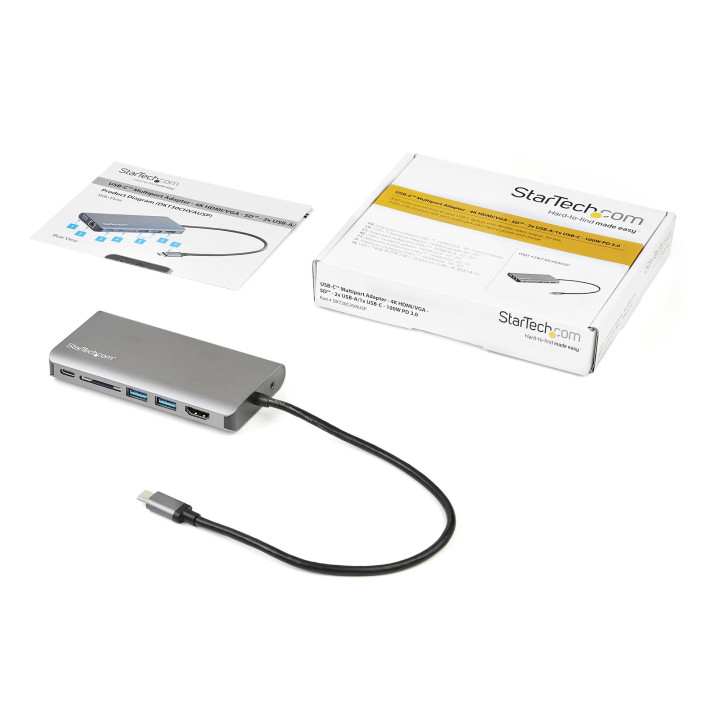 StarTech.com Adaptateur Multiport USB-C - Mini Dock USB-C avec 4K HDMI ou 1080p VGA - Hub 3x USB 3.0, SD, GbE, Audio, 100W PD P