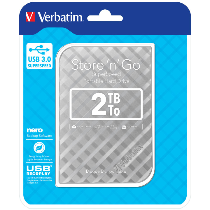 Verbatim Disque dur portable USB Store 'n' Go 3.0, 2 To, Argenté