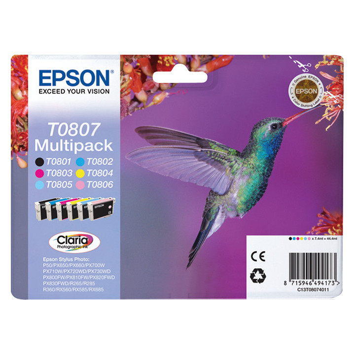 Epson Hummingbird Multipack "Colibri" (T0807) - Encres Claria N, C, M, J, Cc, Mc
