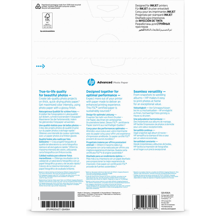HP Papier photo à finition glacée Advanced, 250 g/m2, A4 (210 x 297 mm), 25 feuilles