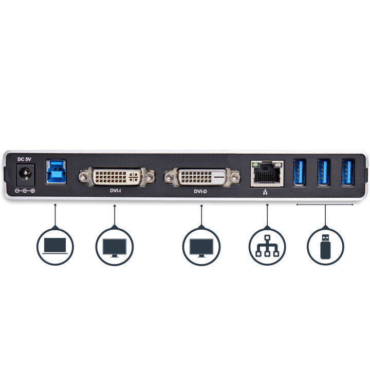 StarTech.com Station d'Accueil USB 3.0 pour Deux Écrans avec Adaptateurs DVI vers VGA et HDMI, 5x USB 3.0 et Audio - Station d