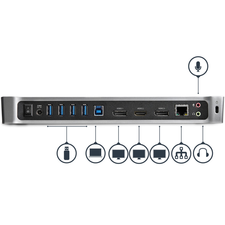 StarTech.com Station d'Accueil USB 3.0 à 3 Écrans avec 2x 4K DisplayPort et HDMI - Hub USB-A à 5 Ports (1x Fast-Charge), Aud