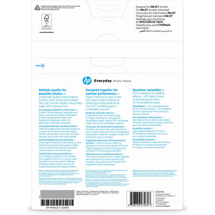 HP Papier photo Everyday, brillant, 200 g/m2, A4 (210 x 297 mm), 100 feuilles