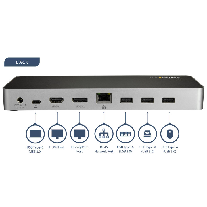StarTech.com Station d'Accueil USB C - Double Écran HDMI & DisplayPort 4K 30Hz - Dock USB Type-C pour PC Portable 60W PD, SD, 