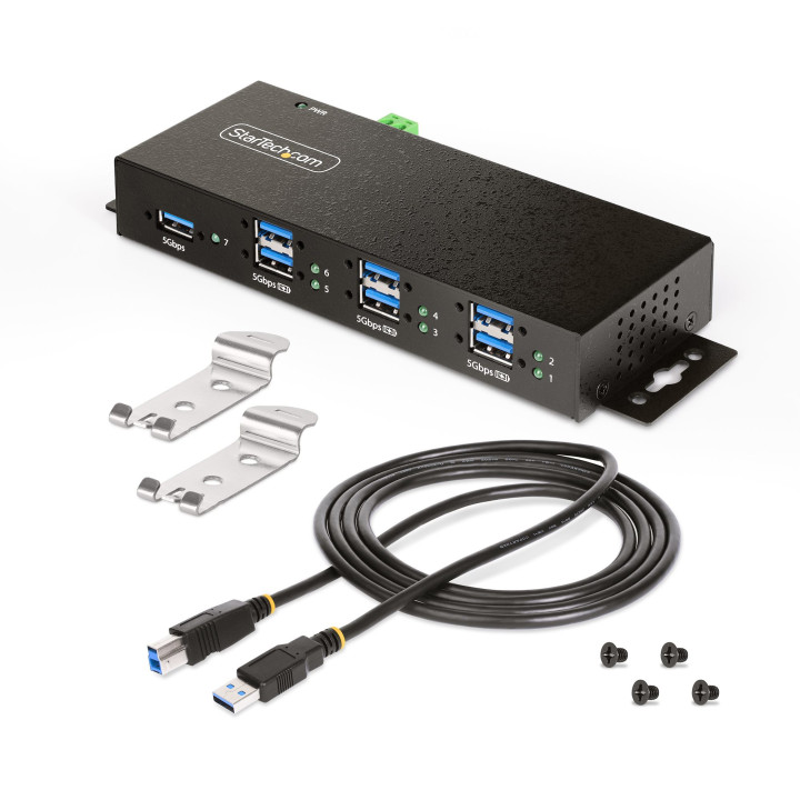StarTech.com Hub USB 3.0 7 Ports avec 7x USB-A, Boîtier Industriel en Métal, Hub USB 7 ports avec Protection ESD, Montage Mur