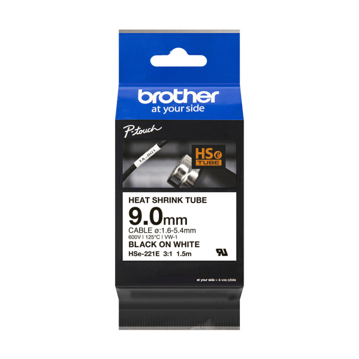 Brother HSE-221E - Gaine thermo-rétractable originale - Noir sur blanc, largeur 9mm